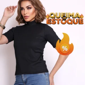Blusa Canelada Gola Alta Feminina Camiseta Manga Curta Moda Elegante