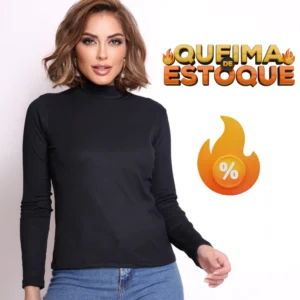 Blusa Cacharrel Canelada Gola Alta Feminina Camiseta Manga Longa Moda Elegante